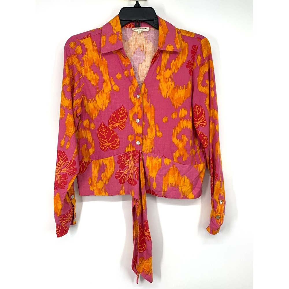 Christian Siriano Top Linen Blend V Neck Button Down Long Sleeve Womens Small - Picture 3 of 11